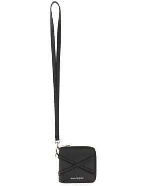 McQueen Leather Zip Card Holder With Lanyard - Schwarz
