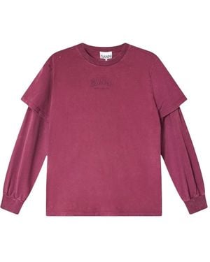 Ganni Tops ,Rood ,Katoen Future Heavy Double Sleeve Long Sleeve T-Shirt - Paars
