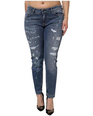 Dolce & Gabbana Tattered Cotton Low Waist Denim Jeans - Blue