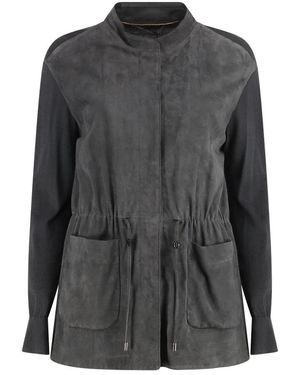 Moorer Truien & Vesten ,Grijs ,Suède Cardigan Met Suède Frontpaneel