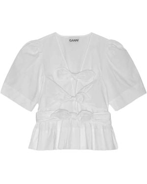 Ganni Washed Stretch Cotton Tie Strap Blouse - Weiß