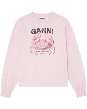 Ganni Tops ,Roze ,Crab-Print T-Shirt Met Lange Mouwen
