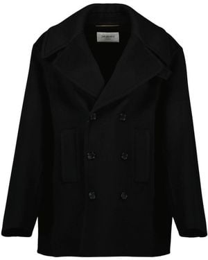 Saint Laurent Zwarte Wollen Jas Oversize Elegante Details
