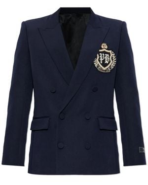 Balmain Double-Breasted Blazer Met Appliqué - Blauw