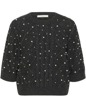 Gestuz Truien & Vesten ,Zwart ,Leer Ronde Hals Knitwear