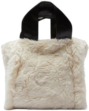 Stand Studio Tassen ,Wit ,Wol Faux Fur Tote Bag Met Zwarte Handgreep - Grijs