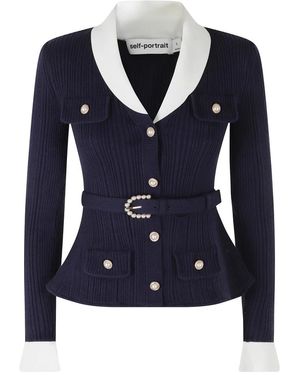 Self-Portrait Truien & Vesten ,Blauw ,Wol Ribbed Knit Cardigan