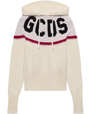 Gcds Logo Knit Cropped Hoodie - Wit