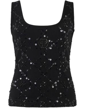 Philipp Plein Tops ,Zwart ,Katoen Tanktop Rhomb Flower Strass
