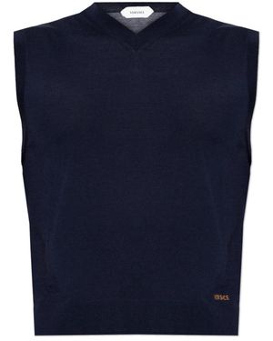 Versace Truien & Vesten ,Blauw ,Wol Geborduurde Wollen Gebreide Vest
