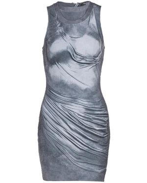 Balmain Kleedjes ,Grijs ,Polyester Halterneck Jurk Met Gedrapeerd Trompe-L'Œil Strass - Blauw