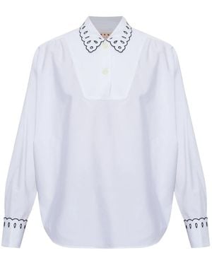 Marni Overhemden ,Wit ,Katoen Poplin Blouse Met Halve Knoopsluiting En Broderie Anglaise