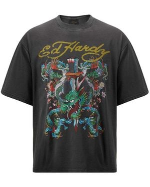 Ed Hardy Tops ,Grijs ,Katoen Maglietta Maniche Corte Tee Battle Of The Dragons - Groen