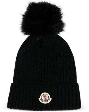 Moncler Accessoires ,Zwart ,Wol Wolmuts Met Pompon