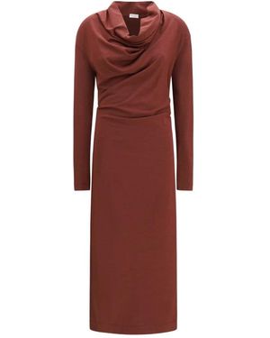 Brunello Cucinelli Kleedjes ,Bruin ,Wol Techno Wool Jersey Draped Dress With Monili - Rood