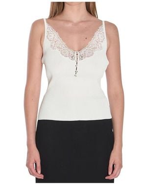 Self-Portrait Tops ,Wit ,Polyester Ribbed Knit Kant Kant V-Hals Camisole Top