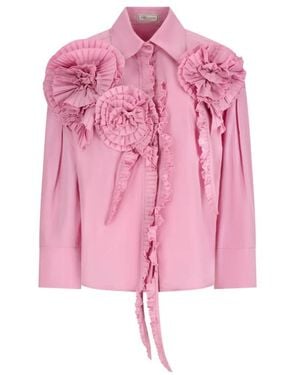 Blumarine Overhemden ,Roze ,Polyester Taffeta Blouse Met 3D Rozen