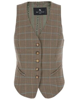 Etro Jassen ,Wol Enkelrijenig Gilet Van Stretchwol Met Prince Of Wales-Motief - Grijs