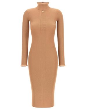 Elisabetta Franchi Kleedjes ,Tule Ribbed Knit Midi Dress - Bruin