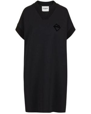 Iceberg Schwarzes Kleid Mit V-Ausschnitt Und Geprägtem Logo
