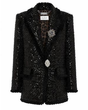 Philipp Plein Jassen ,Zwart ,Tweed Tweed Boyfriend's Fit Blazer Paillettes