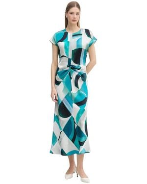 Joseph Ribkoff Strukturiertes Satin-Kleid Mit Geometrischem Print, Tailliert Und Ausgestellt - Blau