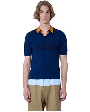 Dries Van Noten Truien & Vesten ,Blauw ,V-Hals Gebreide Polo Met Contrasterende Kraag