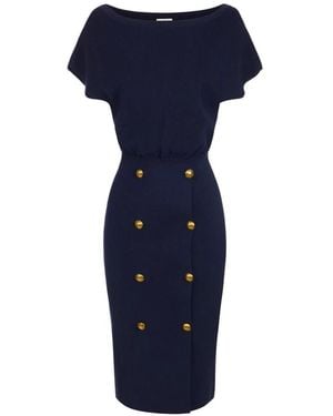 Elisabetta Franchi Kleedjes ,Blauw ,Polyester Gebreide Jurk Met Juwelen Knopen