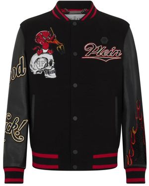 Philipp Plein Jassen ,Zwart ,Leer Varsity Bomber Met Leren Mouwen Devil Skull