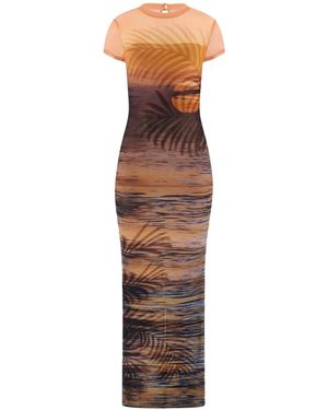 Guess Kleedjes ,Veelkleurig ,Beach Sunset Mesh Maxi Jurk - Bruin