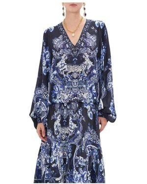 CAMILLA Bluse Mit V-Ausschnitt Und Ballonärmeln - Blau