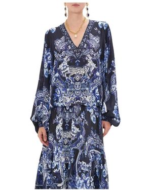CAMILLA Overhemden ,Blauw ,Blouse Met V-Hals En Ballonmouwen