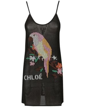 Chloé Kleedjes ,Zwart ,Katoen Geborduurd Mesh-Gebreide Minidress