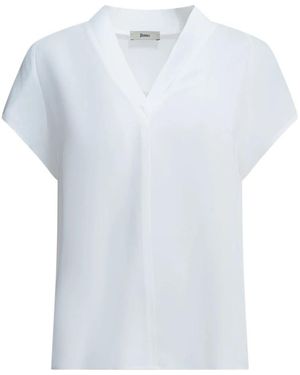Herno Overhemden ,Wit ,Blouse Met V-Hals En Korte Mouwen - Blauw