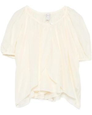 120% Lino Bluse Mit Raffung Und Puffärmeln - Natur