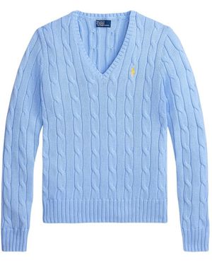 Ralph Lauren Truien & Vesten ,Blauw ,Katoen Cable V-Neck Sweater