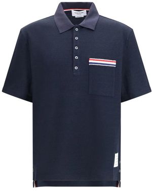 Thom Browne Tops ,Blauw ,Katoen Textured Cotton Linen Rwb Embroidered Short-Sleeve Polo
