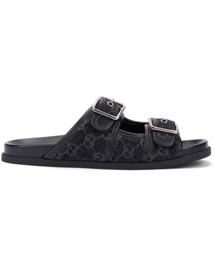 Gucci Schoenen ,Zwart ,Katoen Slide Sandaal Met Gespen - Blauw