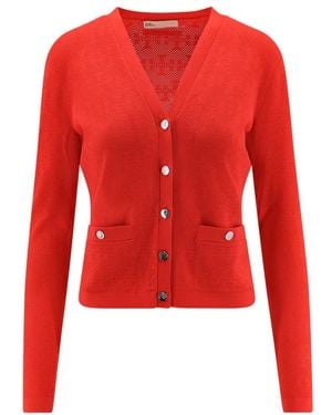 Tory Burch Truien & Vesten ,Rood ,Polyester V-Hals Trui Met Logoknoppen