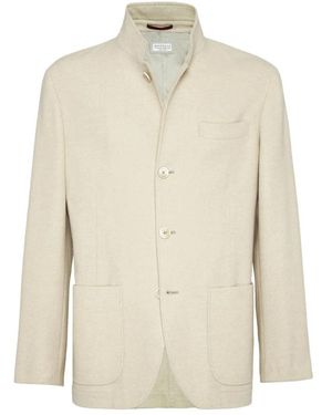 Brunello Cucinelli Mandarijnkraag Wolmix Jas - Naturel