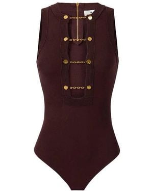 Elisabetta Franchi Viscose Gebreide Bodysuit Met Juwelen Manchetknoop - Bruin