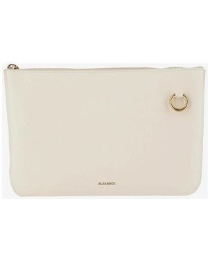 Jil Sander Tassen ,Wit ,Leer Leren Clutch Met Gouden Logo Detail - Naturel