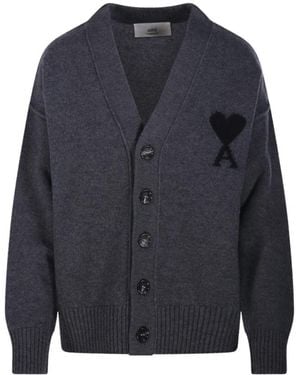 Ami Paris V-Ausschnitt Filz Merino Cardigan - Blau