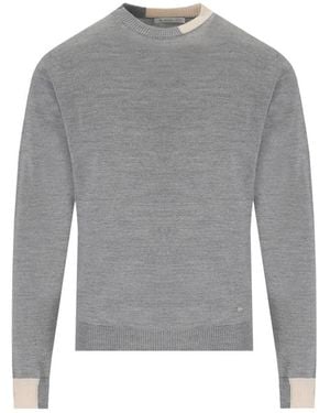 Manuel Ritz Grauer Woll-Crewneck-Pullover Mit Beigefarbenen Details