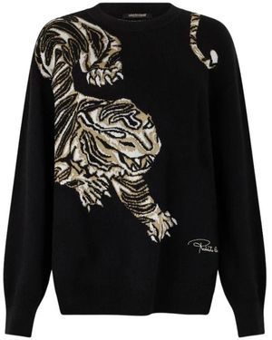 Roberto Cavalli Truien & Vesten ,Zwart ,Wol Wollen Trui Met Tijgermotief