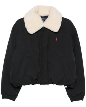 Ralph Lauren Jassen ,Zwart ,Polyester Donsjack Met Hoge Kraag Van Imitatiebont