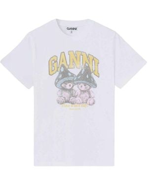 Ganni Tops ,Wit ,Katoen T-Shirt Met Paddestoel-Teddy