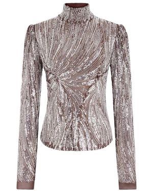 Rabanne Tops ,Grijs ,Tule Top Met Col Van Tule Met Pailletten - Bruin