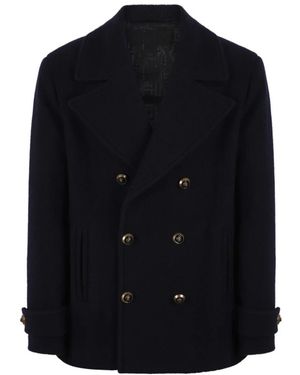 Balmain Doppelreihiger Woll-Peacoat - Blau