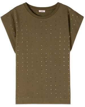 Oltre Katoenen T-Shirt Met Kristallen - Groen